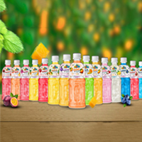 A vibrant display of Mr. Moco nata de coco drinks in various fruity flavors, arranged on a wooden surface with a fresh fruit background.