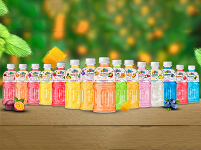 A vibrant display of Mr. Moco nata de coco drinks in various fruity flavors, arranged on a wooden surface with a fresh fruit background.