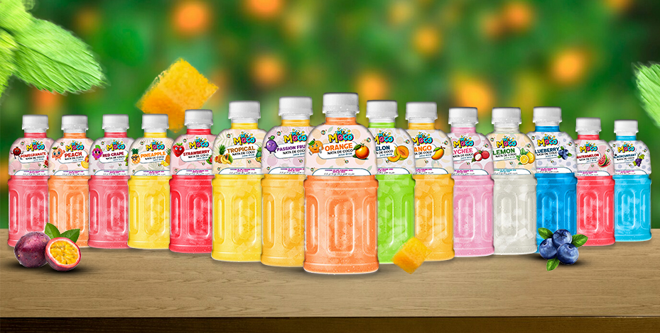 A vibrant display of Mr. Moco nata de coco drinks in various fruity flavors, arranged on a wooden surface with a fresh fruit background.