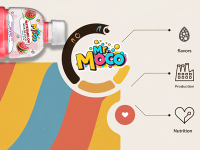 A creative promotional graphic featuring a Mr. Moco watermelon drink bottle, highlighting flavors, production, and nutrition.