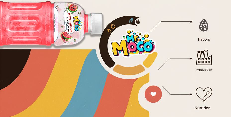 A creative promotional graphic featuring a Mr. Moco watermelon drink bottle, highlighting flavors, production, and nutrition.