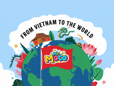 An illustrated graphic features a globe with a "Mr. Moco" flag, Vietnamese cultural elements, and the text "From Vietnam to the World.