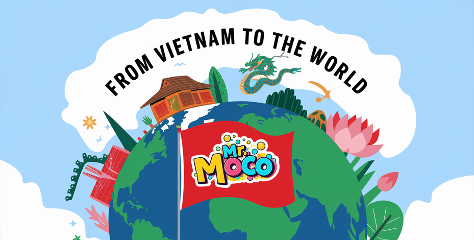 An illustrated graphic features a globe with a "Mr. Moco" flag, Vietnamese cultural elements, and the text "From Vietnam to the World.