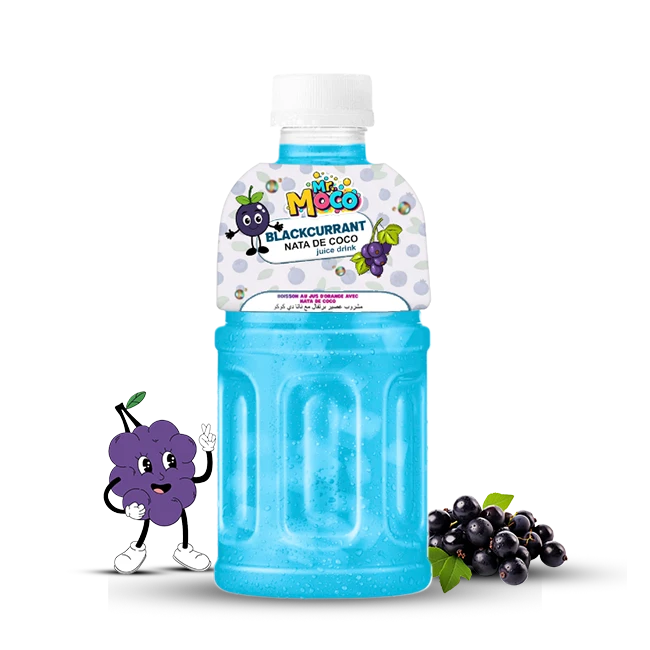 Mr. Moco Blackcurrant Nata de Coco juice drink bottle with playful grape character and fresh blackcurrants.