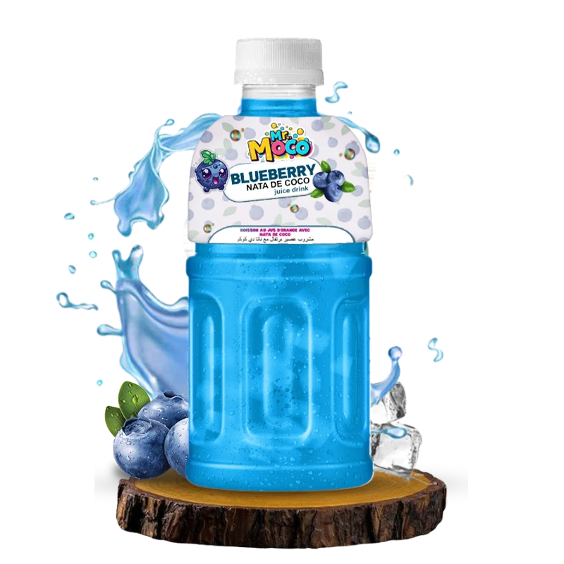 Mr. Moco Blueberry Nata de Coco juice drink bottle with blueberries and ice.