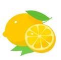 A cartoon-style illustration of a whole lemon and a sliced lemon with green leaves.