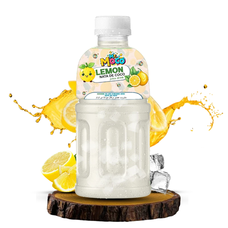 Mr. Moco Lemon Nata de Coco juice drink bottle with lemons and ice.