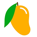 A cartoon-style illustration of a ripe mango with a green leaf.