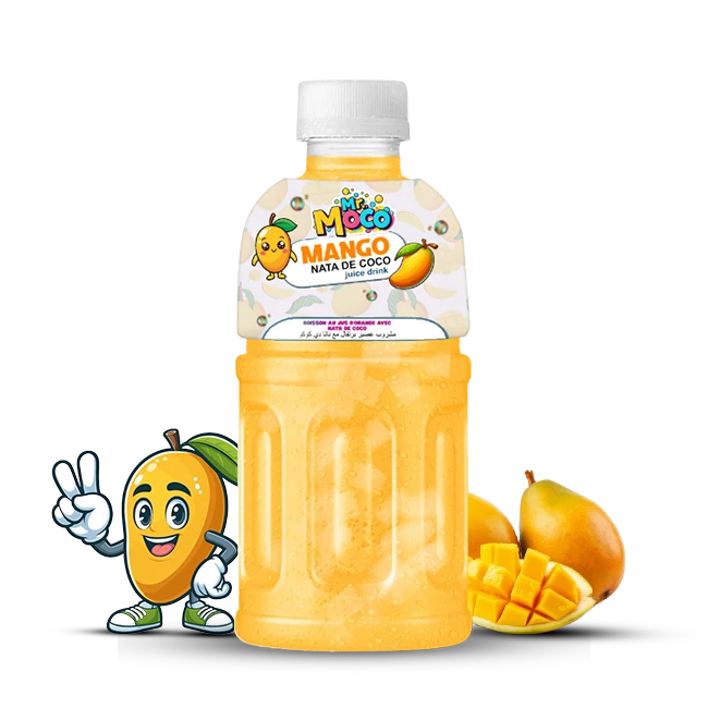 &amp;quot;Mango Nata de Coco juice drink bottle with cartoon mango character and fresh mangoes in the background.