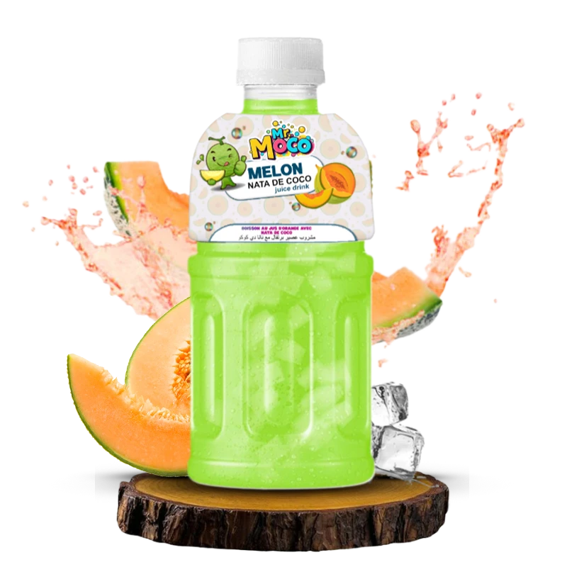 Mr. Moco Melon Nata de Coco juice drink bottle with melon slices and ice.