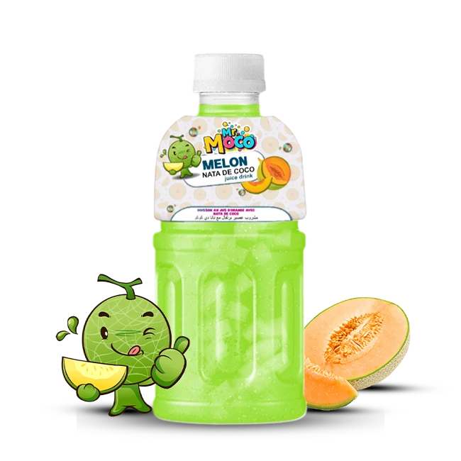 &amp;quot;Mr. Moco Melon Nata de Coco juice drink bottle with a cartoon melon character and fresh melon slices.