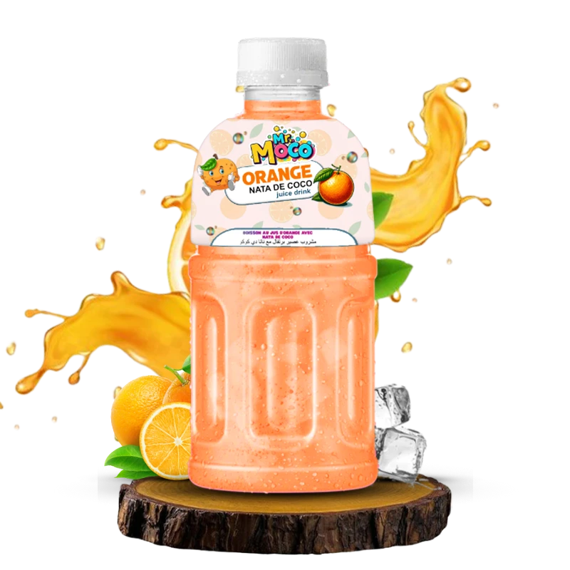 Mr. Moco Orange Nata de Coco juice drink bottle with oranges and ice.