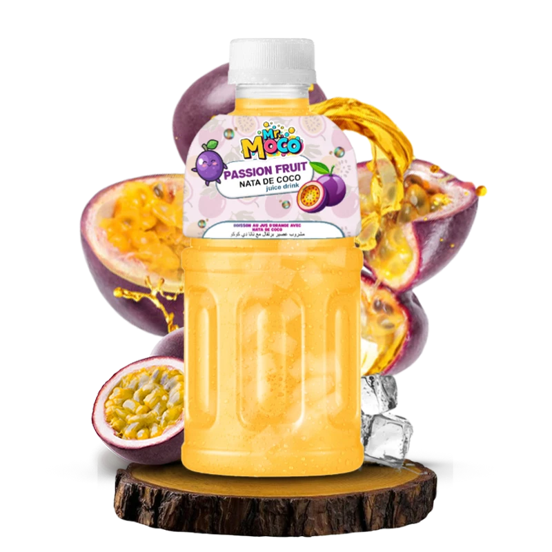 Mr. Moco Passion Fruit Nata de Coco juice drink bottle with passion fruits and ice.