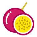 A cartoon-style illustration of a whole and sliced passion fruit.