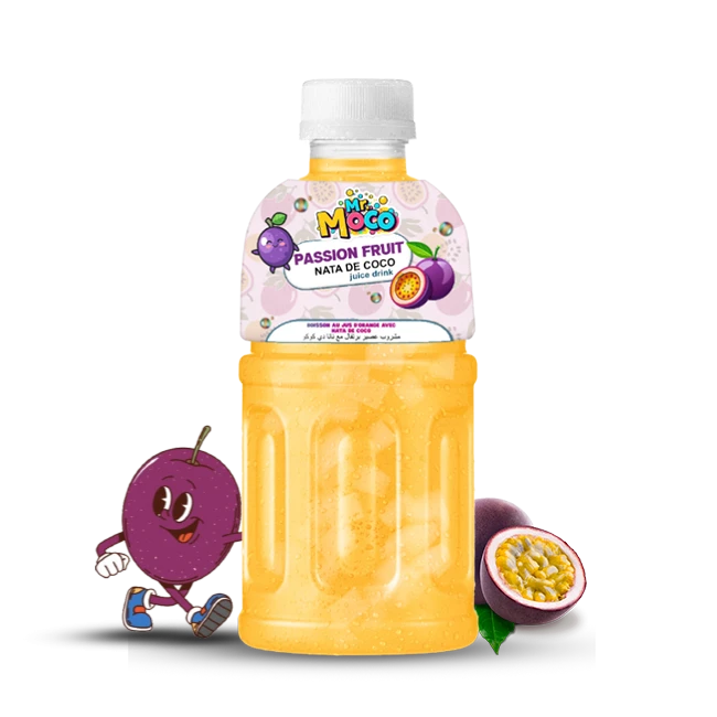 Mr. Moco Passion Fruit Nata de Coco juice drink bottle with fresh passion fruit and a cartoon passion fruit character.