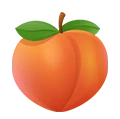 A cartoon-style illustration of a ripe peach with green leaves.