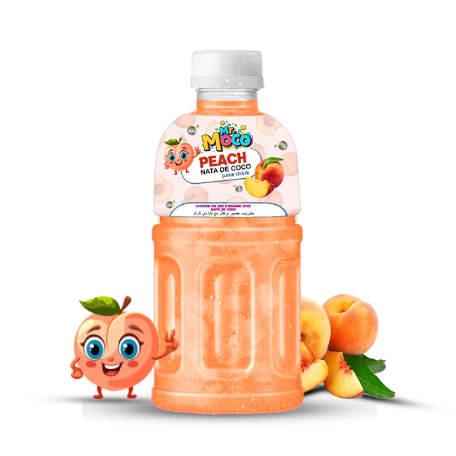 Mr. Moco Peach Nata de Coco juice drink bottle with fresh peaches and a cartoon peach character.