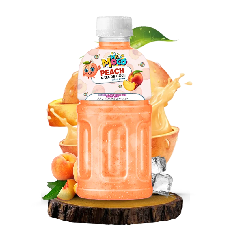 Mr. Moco Peach Nata de Coco juice drink bottle with peaches and ice.