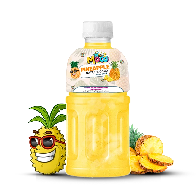 Mr. Moco Pineapple Nata de Coco juice drink bottle with fresh pineapple slices and a cartoon pineapple character wearing sunglasses.