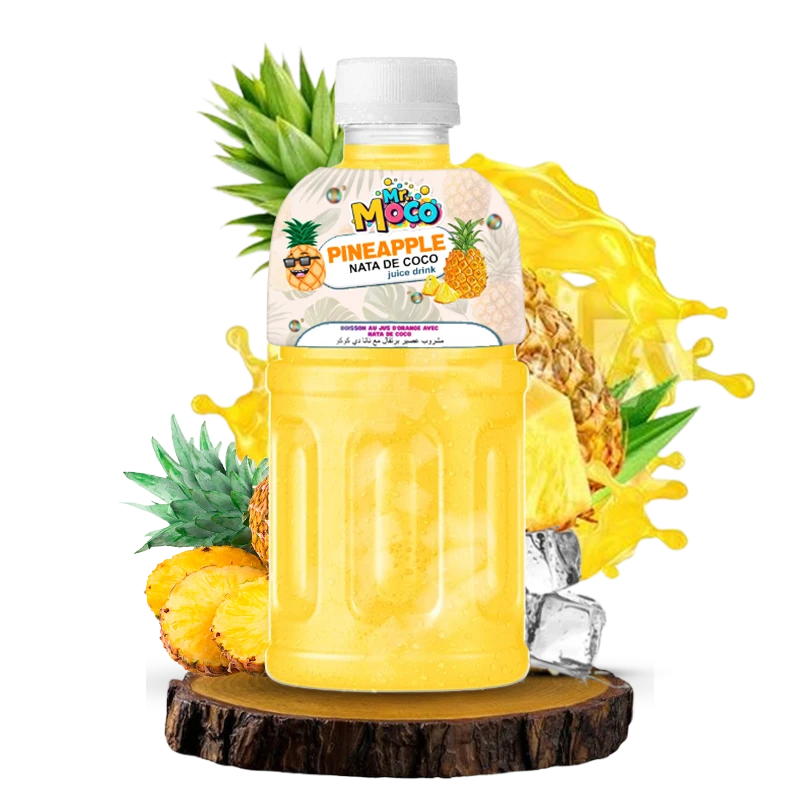 Mr. Moco Pineapple Nata de Coco juice drink bottle with pineapples and ice.