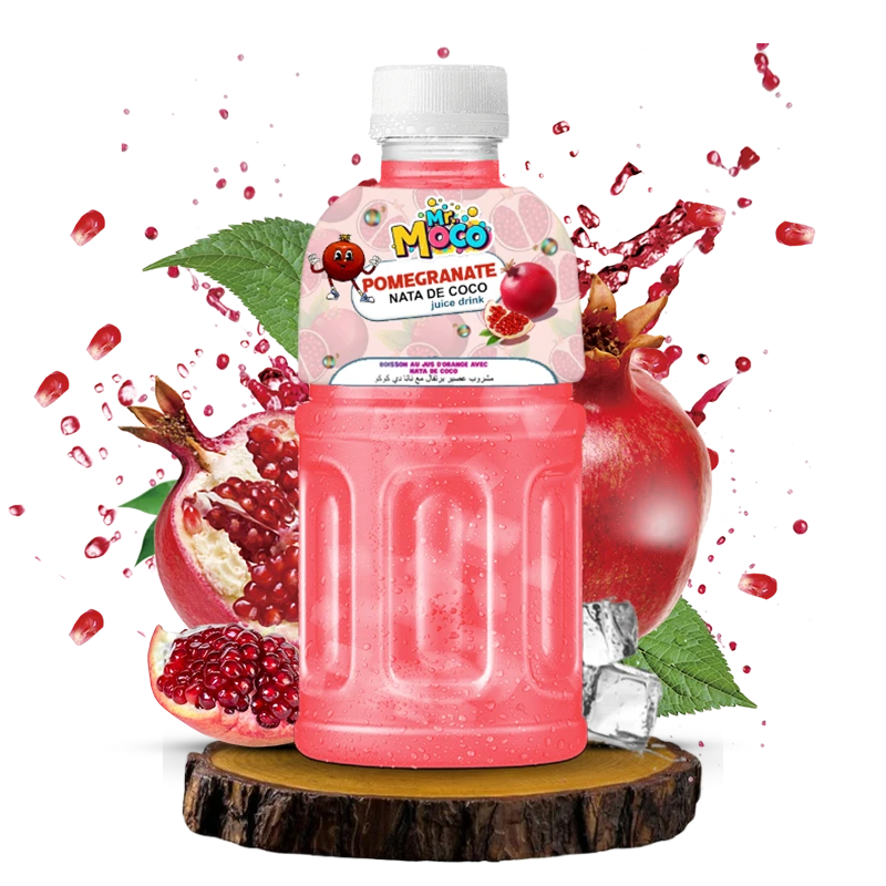 Mr. Moco Pomegranate Nata de Coco juice drink bottle with pomegranates and ice.