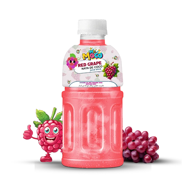 Mr. Moco Red Grape Nata de Coco juice drink bottle with fresh red grapes and a cartoon grape character.