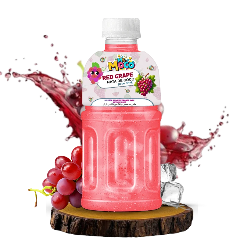 Mr. Moco Red Grape Nata de Coco juice drink bottle with red grapes and ice.