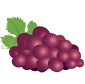 A cartoon-style illustration of a bunch of red grapes with green leaves.