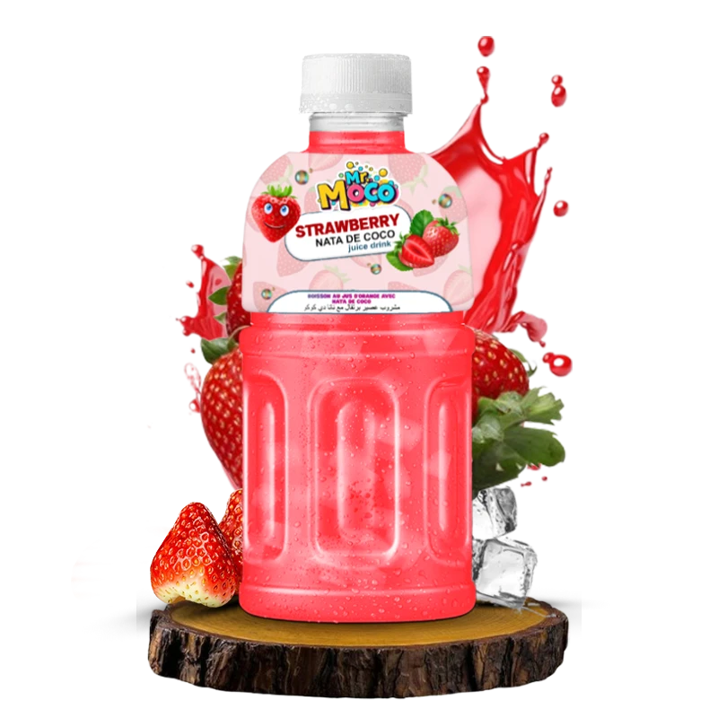 Mr. Moco Strawberry Nata de Coco juice drink bottle with strawberries and ice.