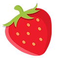 A cartoon-style illustration of a ripe strawberry with green leaves.