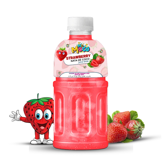 Mr. Moco Strawberry Nata de Coco juice drink bottle with fresh strawberries and a cartoon strawberry character.