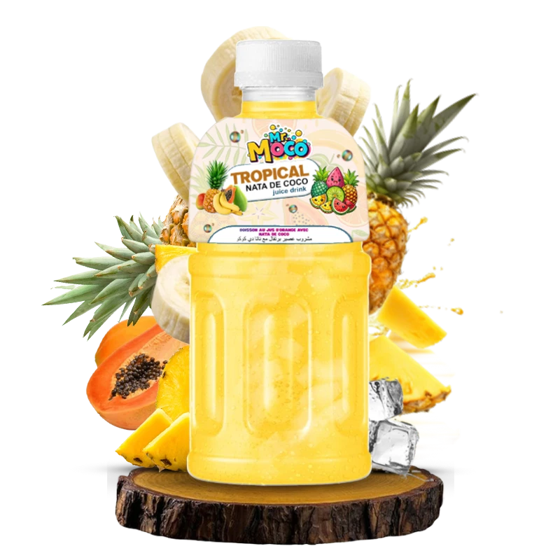 Mr. Moco Tropical Nata de Coco juice drink bottle with tropical fruits and ice.