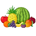 A cartoon-style illustration of a variety of tropical fruits, including pineapple, watermelon, grapes, and more.