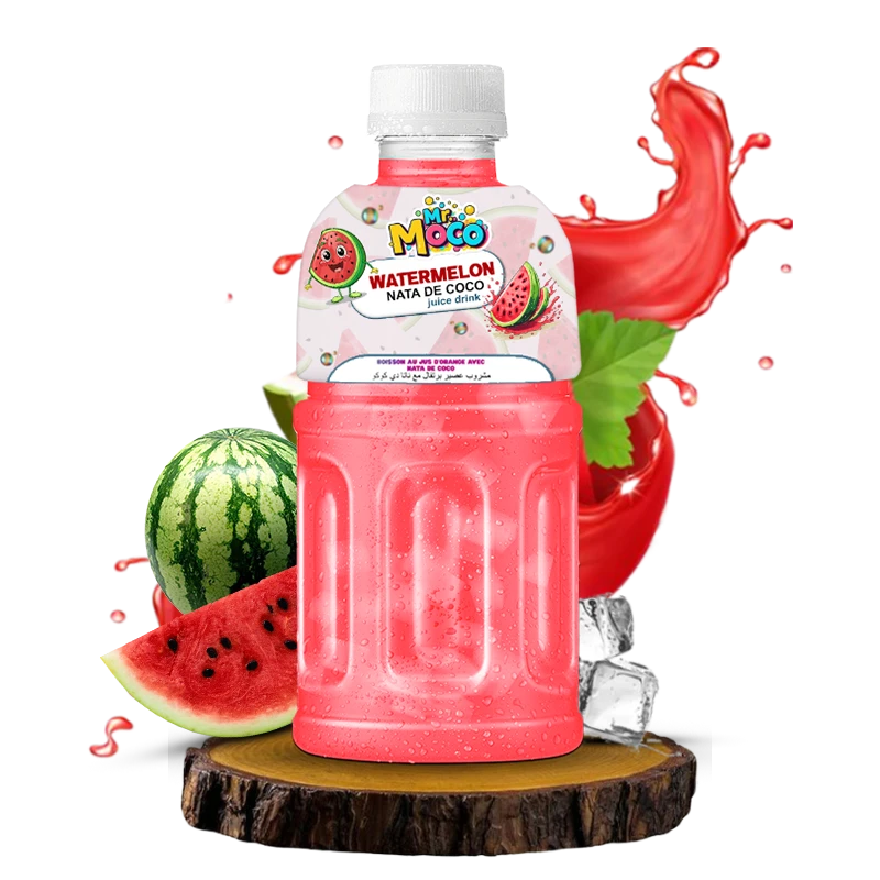 Mr. Moco Watermelon Nata de Coco juice drink bottle with watermelons and ice.