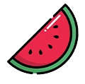 A cartoon-style illustration of a watermelon slice with seeds and a green rind.