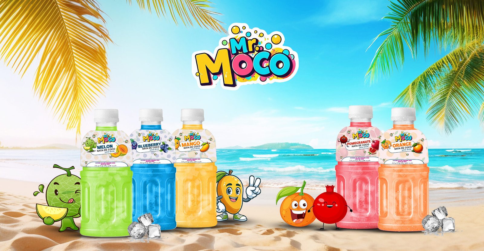 Mr. Moco Nata de Coco juice drinks in Melon, Blueberry, Mango, Pomegranate, and Orange flavors displayed on a tropical beach with fun fruit mascots.