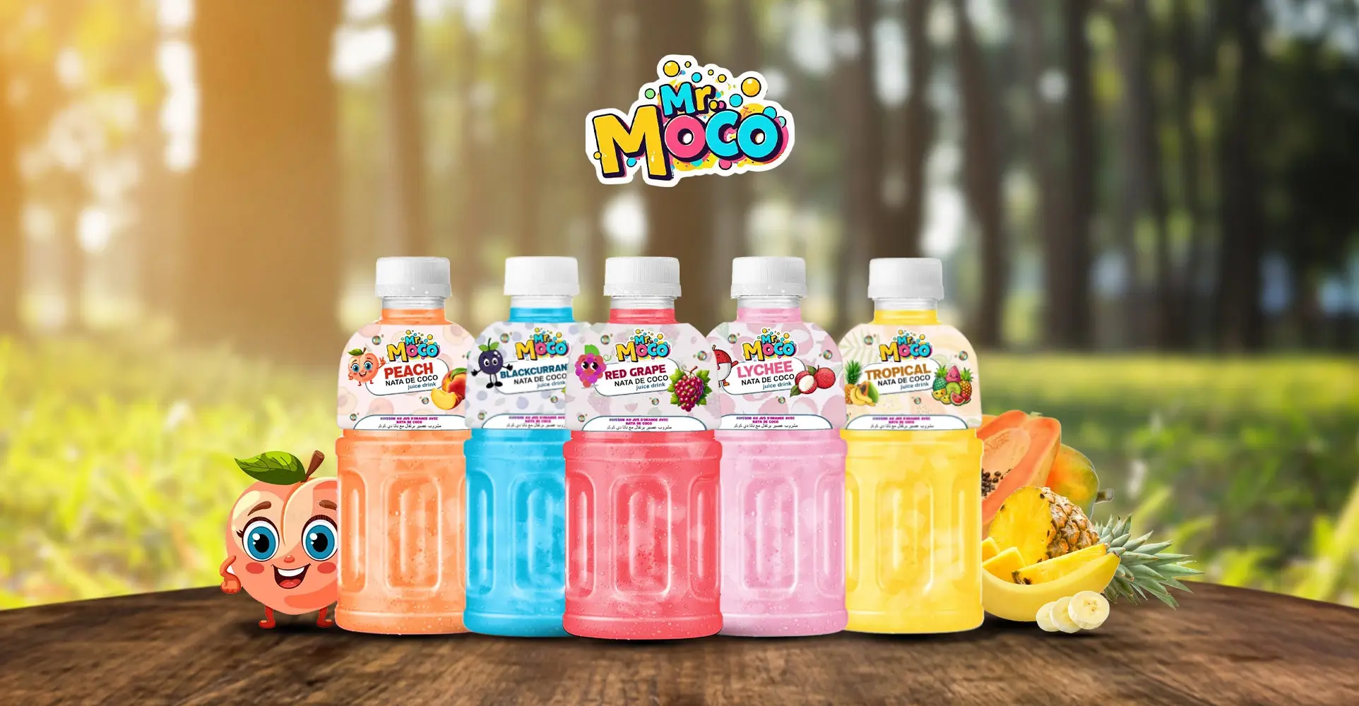 Mr. Moco Nata de Coco juice drinks in Peach, Blueberry, Red Grape, Lychee, and Tropical flavors displayed in a scenic outdoor setting with fruit mascots.