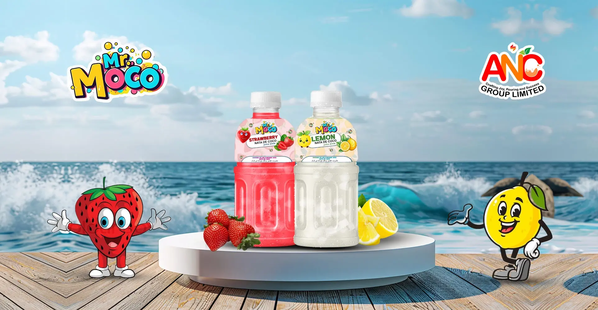 Mr. Moco Strawberry and Lemon Nata de Coco drinks displayed on a podium with cartoon fruit mascots against an ocean backdrop.