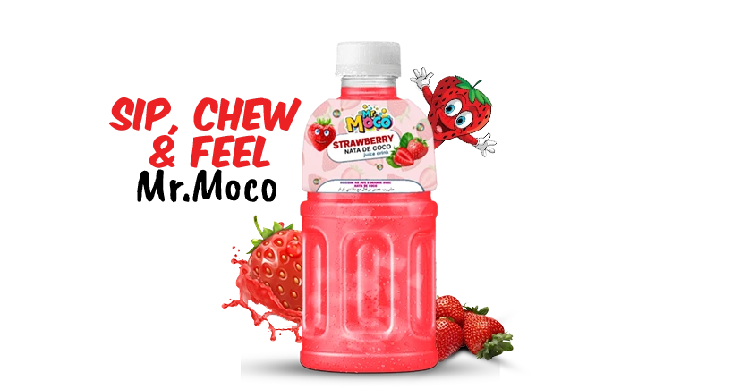 Strawberry nata de coco drink with vibrant fruit graphics and the slogan 'Sip, Chew & Feel.