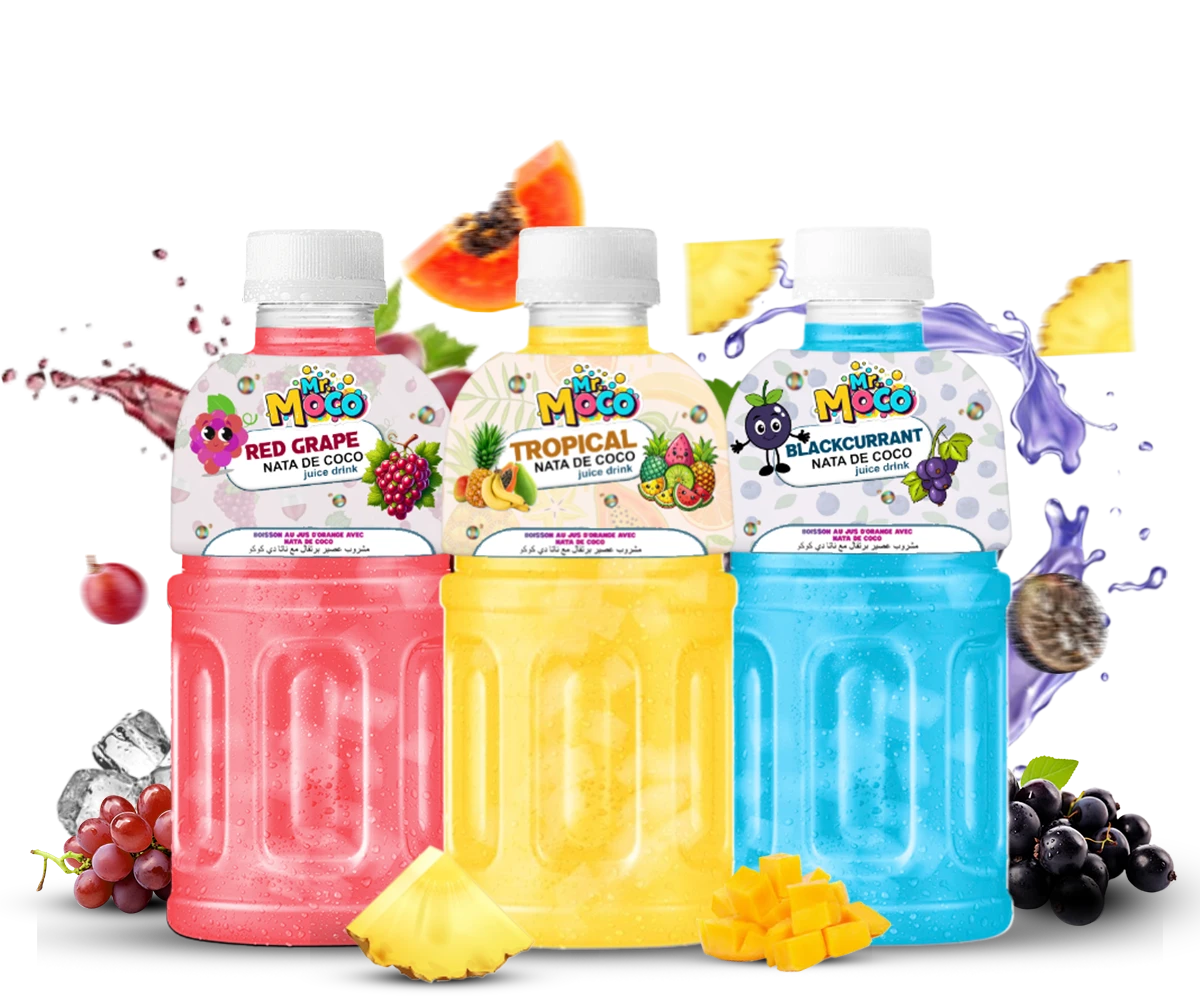 Red grape, tropical, and blackcurrant nata de coco drinks with vibrant fruit splashes and juicy ingredients.