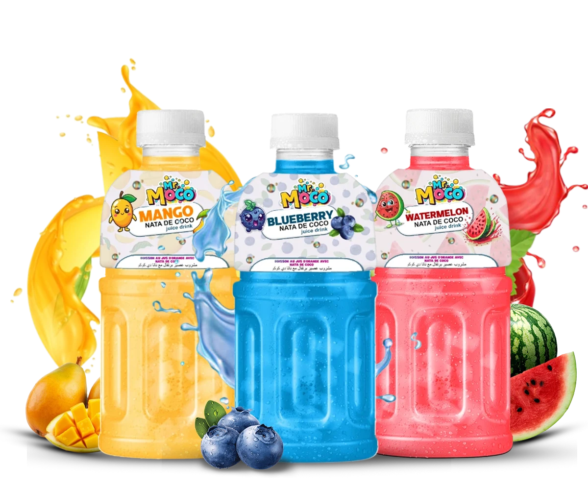 Mango, blueberry, and watermelon nata de coco drinks with vibrant splashes and fresh fruit accents.