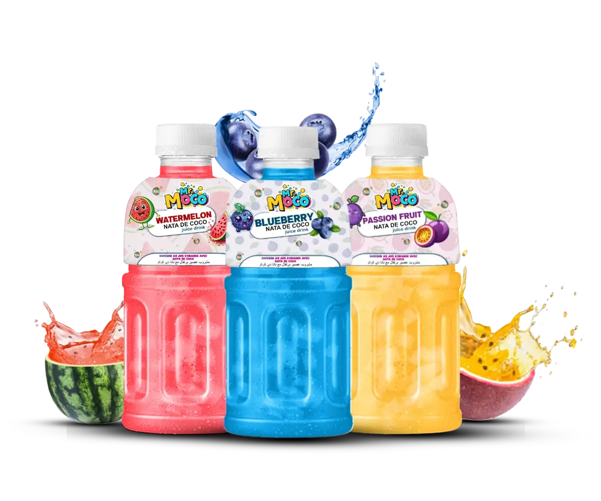 Mr. Moco Nata de Coco juice drinks in Watermelon, Blueberry, and Passion Fruit flavors with fresh fruit splashes.