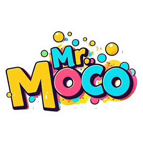 Mr. Moco logo featuring colorful, playful typography with bubbles and vibrant design elements.