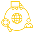 Yellow line-art icon depicting global research and connectivity with a magnifying glass, globe, user, and document symbols.