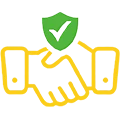 Yellow line-art icon of a handshake with a green checkmark shield above, symbolizing trust, partnership, and reliability.